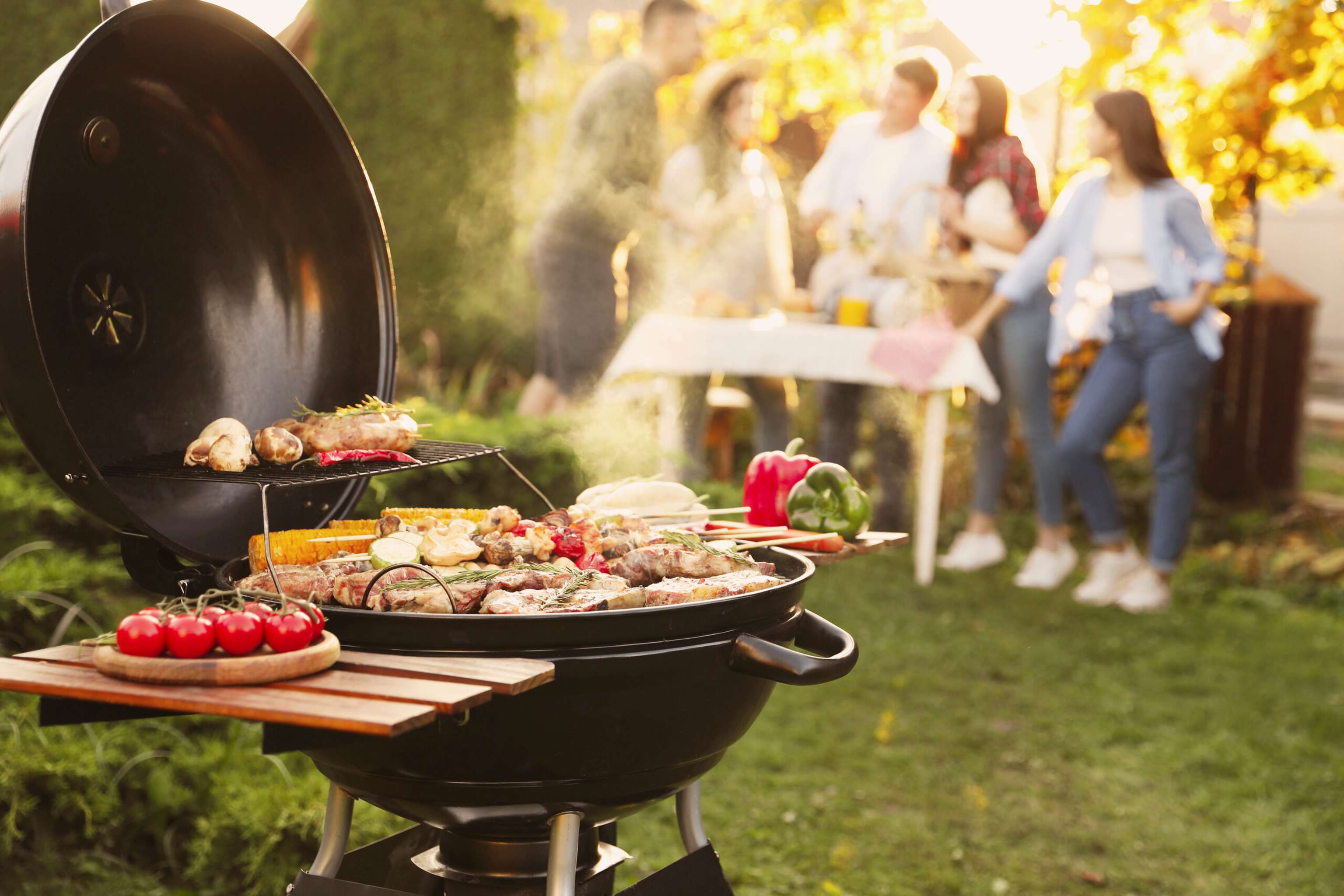 Group Of Friends Having Party Outdoors. Focus On Barbecue Grill