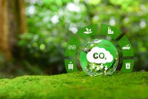 Reduction Of Carbon Emissions, Carbon Neutral Concept. Net Zero Greenhouse Gas Emissions Target. Reducing Carbon Footprint Concept. Decreasing CO2 Emissions Target Symbol On Green View Background.