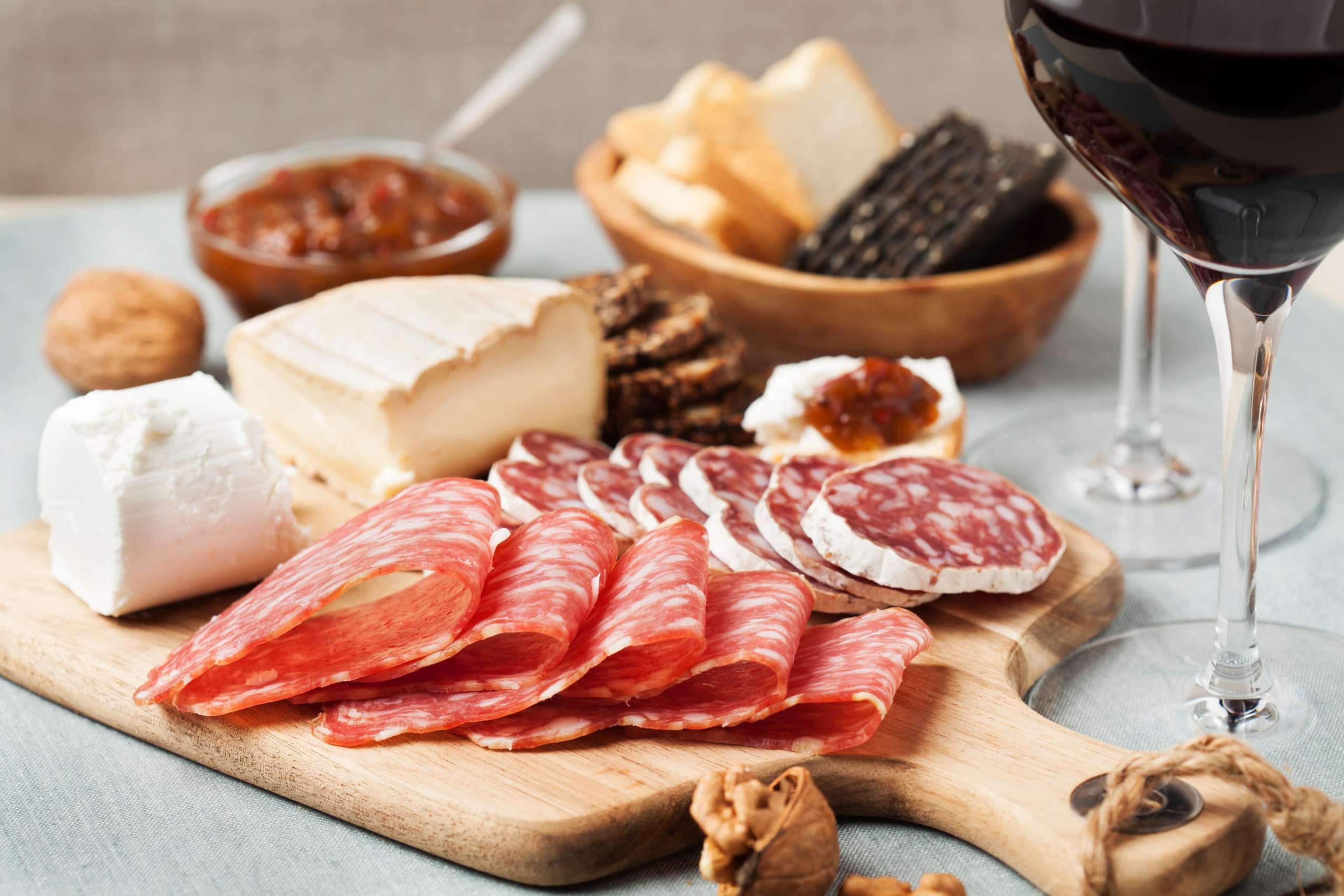 Two Glasses Of Red Wine With Charcuterie Assortment, Beaujolais Concept