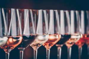 Wine Glasses In A Row. Buffet Table Celebration Of Wine Tasting.