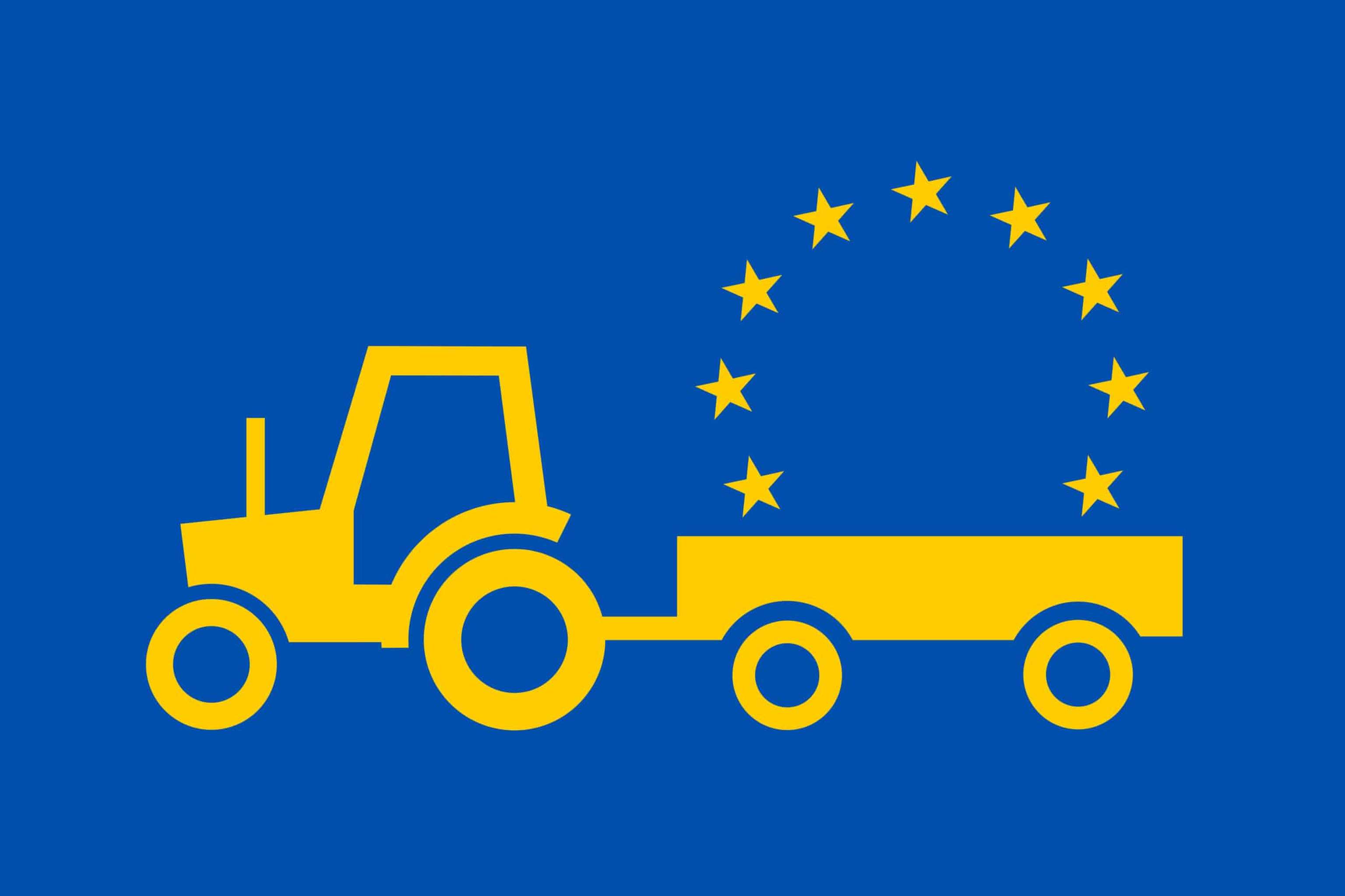 European Union And Tractor As Metaphor Of EU And Agriculture / Farming. Rural Vehicle And Machine Is Transporting Yellow Flag. Vector Illustration