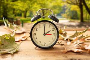 Daylight Saving Time, Fall Back One Hour. Black Clock On Wood, A