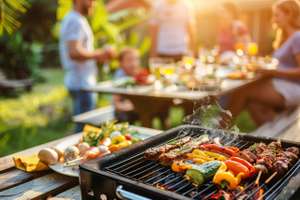 Barbeque Grill Street Food, Eat Outdoors In A Happy Family. Holiday Celebration Concept