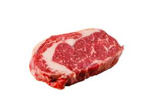 A Rib Eye Steak Of Marbled Grain Fed Beef Lies On A White Background. Isolated.