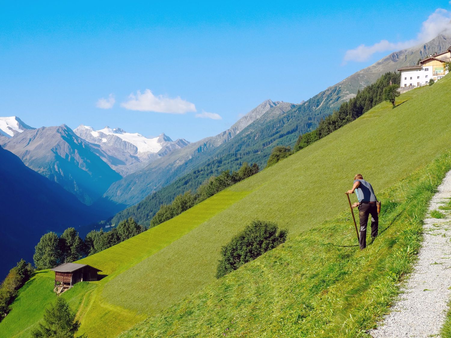 Bauer Mit Sense Vor Gebirgslandschaft
