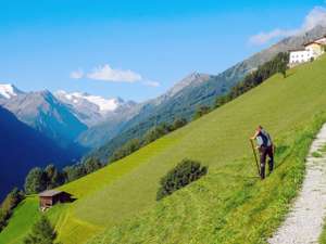 Bauer Mit Sense Vor Gebirgslandschaft