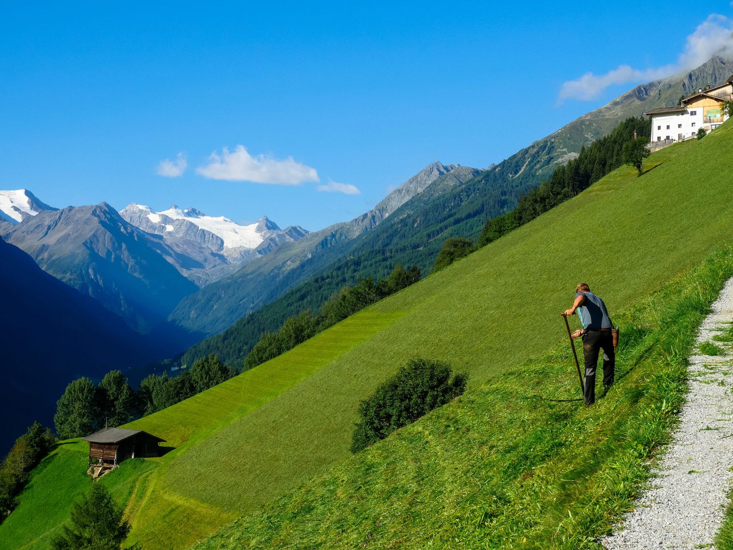 Bauer Mit Sense Vor Gebirgslandschaft