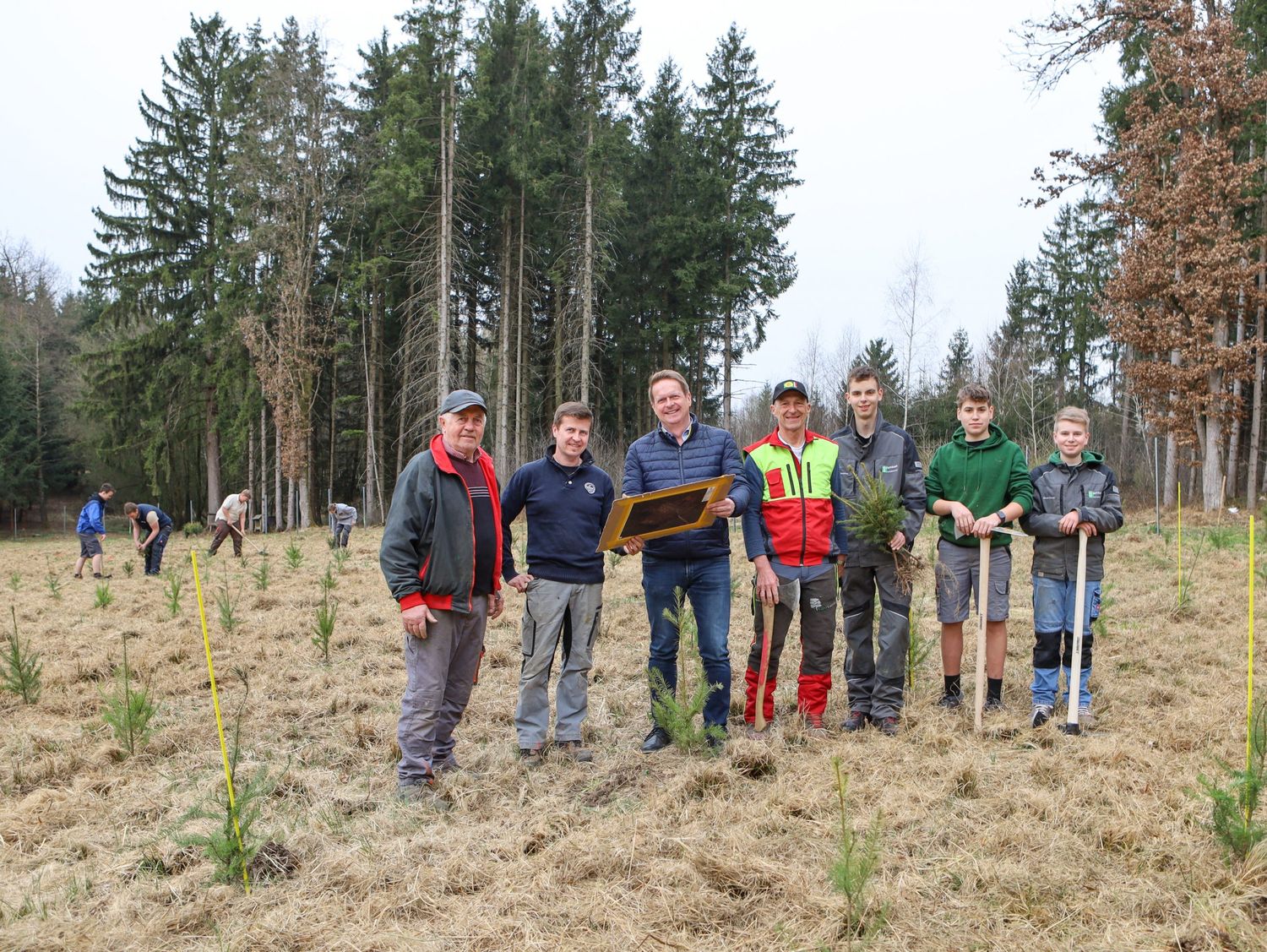 Die Waldbesitzer Prielinger und Radner, Direktor Kronberger, Forstpraxislehrer Gerhard Oberndorfer mit Schülern des abz Lambach bei der Arbeit im Wald (v.l.)