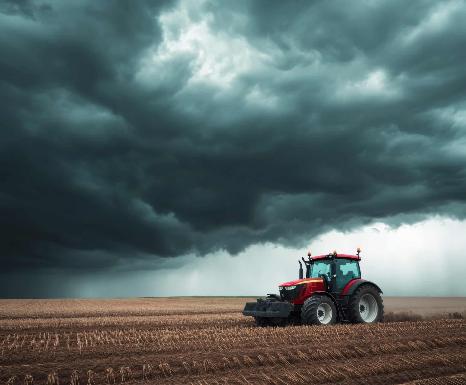 Dark Storm Clouds Loom Over A Tractor Working In A Freshly Plowed Field At Dusk