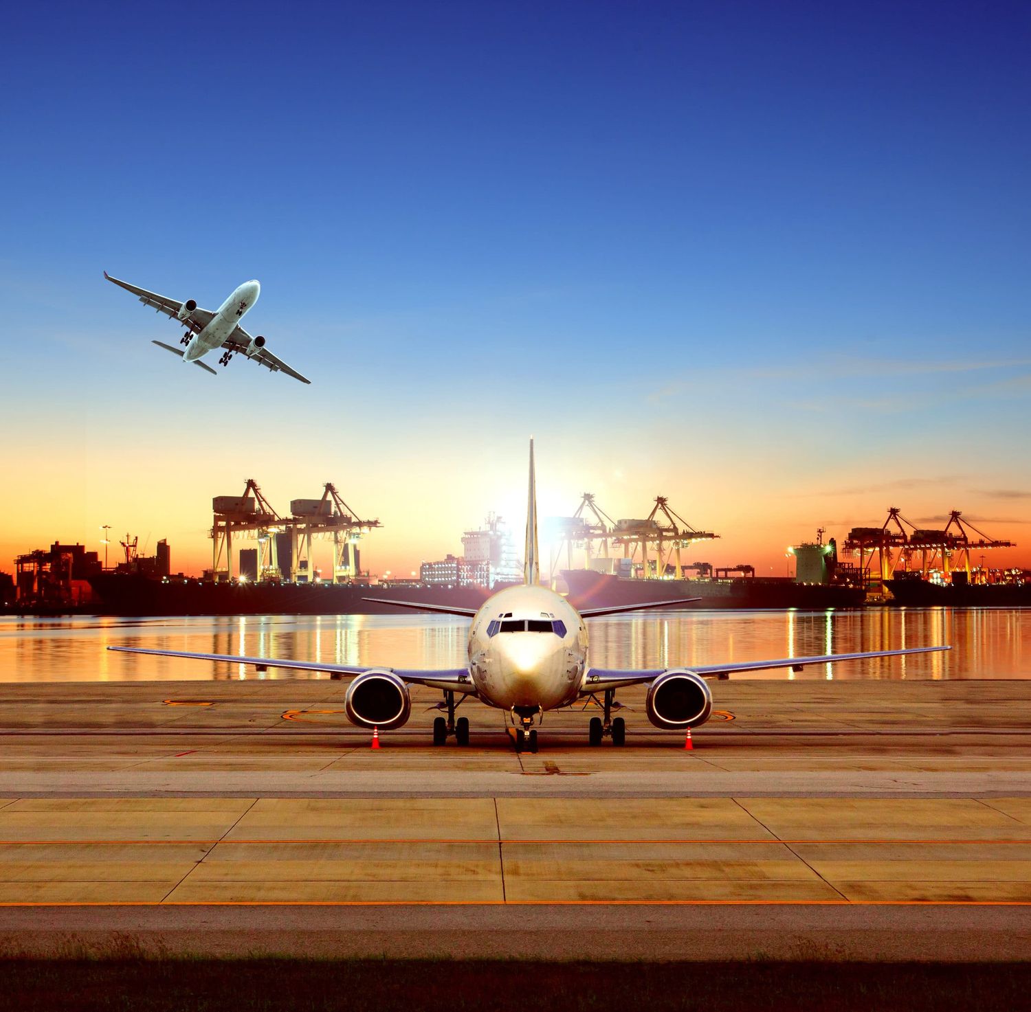 Cargo Plane In Airport And Shipping Boat On Shipyard Background For Logistic And Transportation Industry