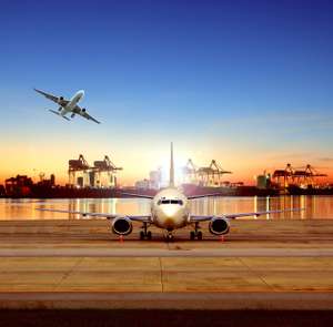 Cargo Plane In Airport And Shipping Boat On Shipyard Background For Logistic And Transportation Industry