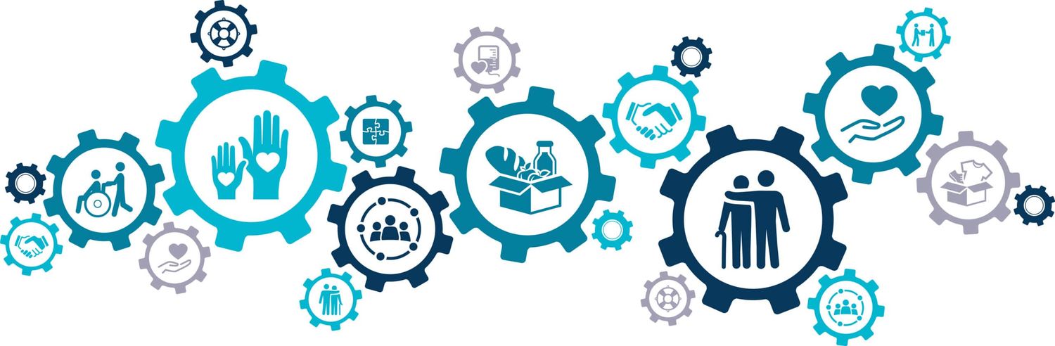 Volunteering And Charity Vector Illustration. Concept With Connected Icons Related To Volunteer And Community Projects, Welfare Or Charitable Donations.