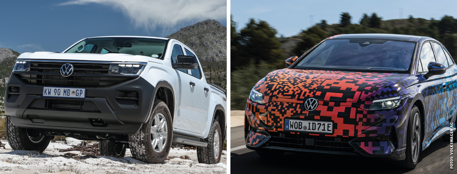 Das “Lastentier” Amarok mit Verbrenner in der neuesten Version (l.) und der neue elektrische ID.7, noch in einer “getarnten Studie” (r.).