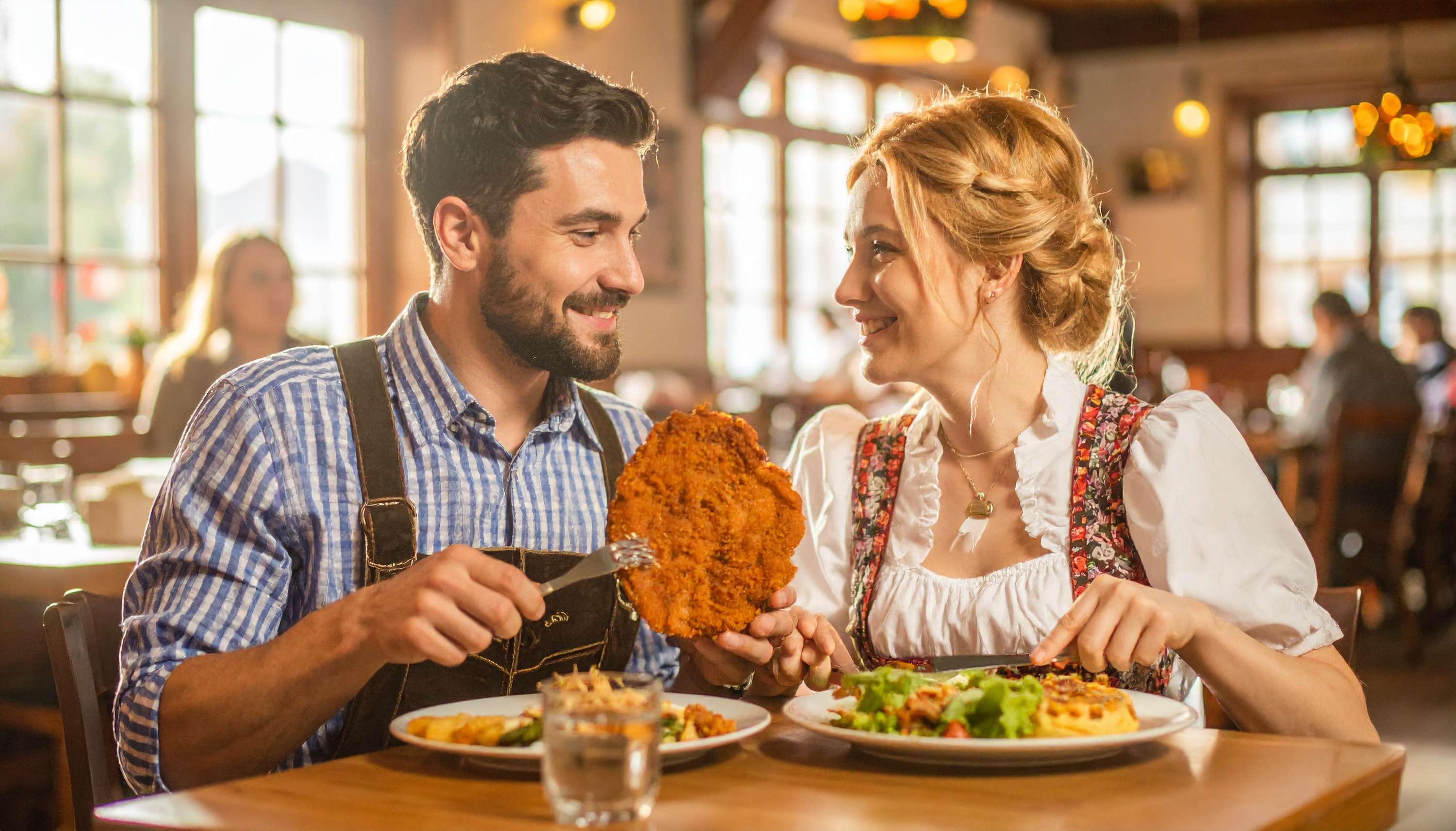 Ein Paar in Tracht gekleidet sitzt in einem Restaurant und verspeist ein Wiener Schnitzel