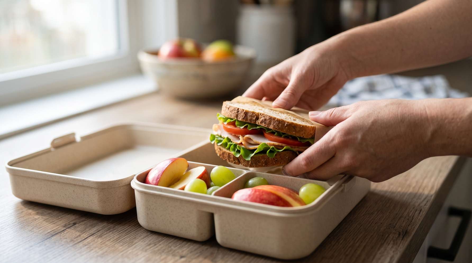 Zwei Hände legen ein Jausenbrot in eine vorbereitete Jausenbox.