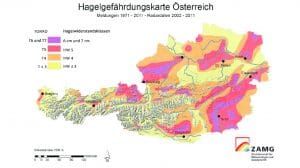 Die Gefährdungskarte der ZAMG gibt Aufschluss über das jeweilige Hagelrisiko.