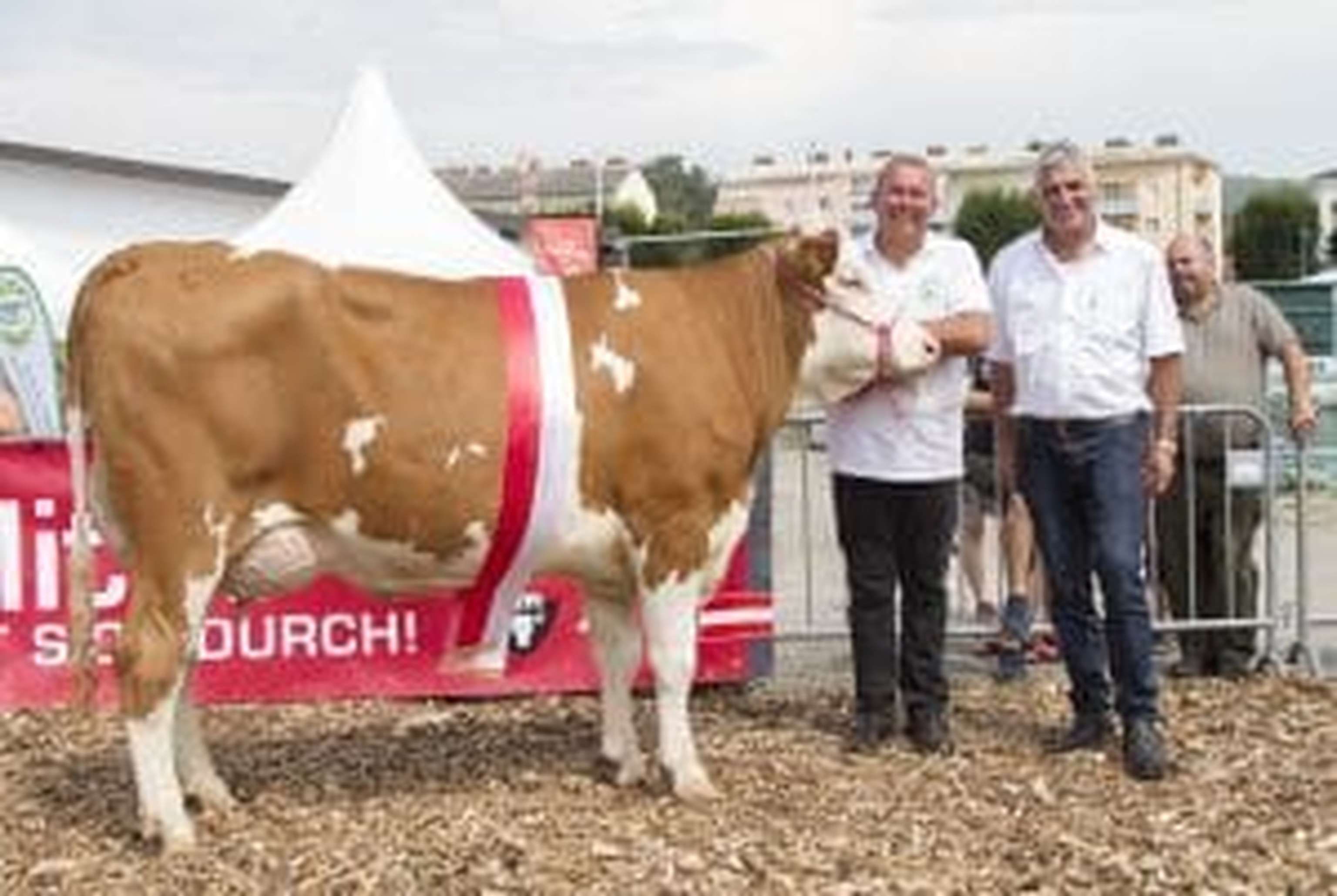 DOLLY (V: MIAMI) Gesamtsiegerin der Jungkühe vom Betrieb Josef Schatz aus Katsdorf im Bild mit Züchter, RZO-Obmann Berthold Haselgruber.