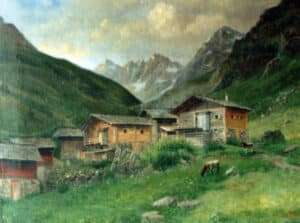 Das alte Gemälde zeigt die Brugger Alm vor dem Brand im Jahr 1913.