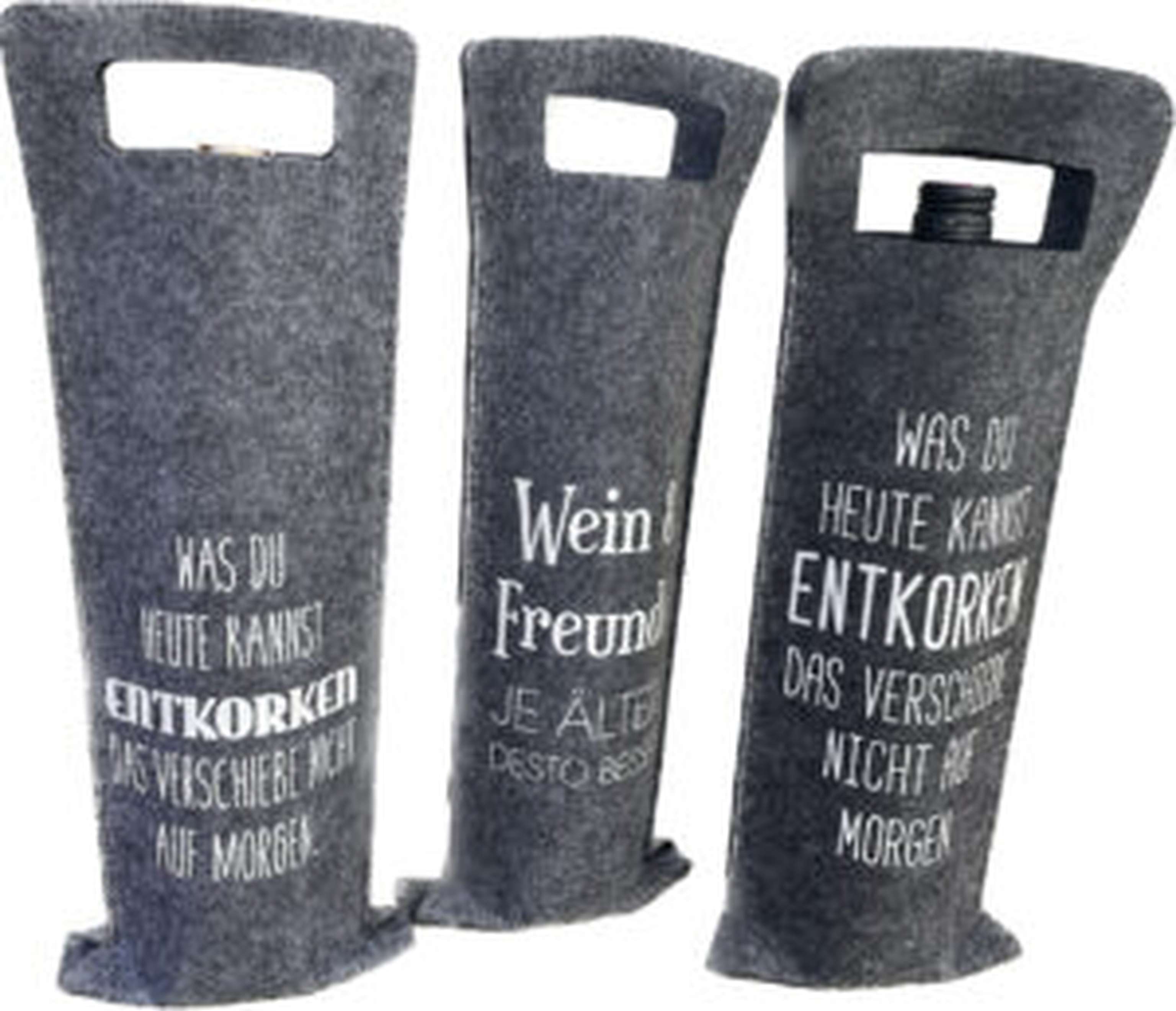 Das kleine Geschenk: Als spontanes Mitbringsel eignen sich Filz-Tragetaschen mit weinbezogenen Sprüchen, die sich zum Verschenken von einer Flasche Wein anbieten.