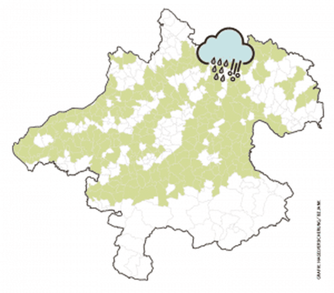 Flächendeckende Schäden an den landwirtschaftlichen Kulturen waren die Folge der Hagelunwetter-Serie Ende Juni. Die obenstehende Karte weist jene Gemeinden grün aus, aus denen die Österreichische Hagelversicherung mehr als fünf Schadensmeldungen erhalten hat.