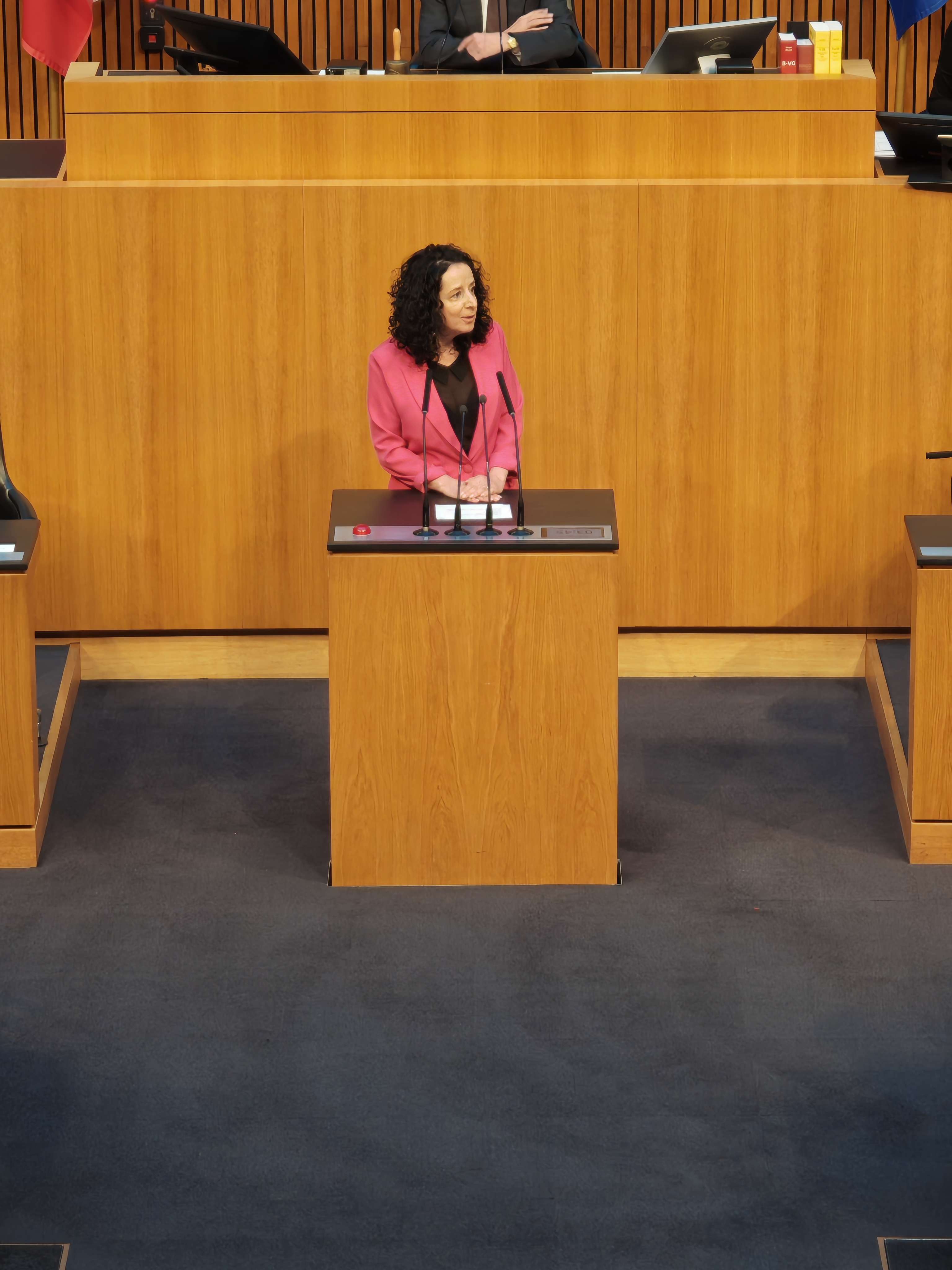 Person in pink blazer speaking at a podium in a wood-paneled room, with additional seating areas visible.
