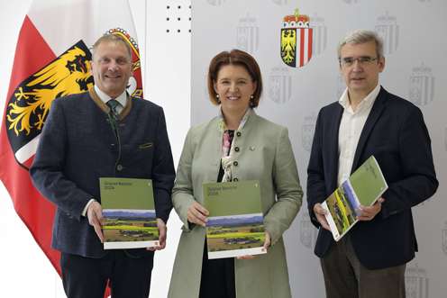 V.l.: Leiter Abteilung Land- und Forstwirtschaft Hubert Huber, Agrar-Landesrätin Michaela Langer-Weninger und Agrarökonom Franz Sinabell.