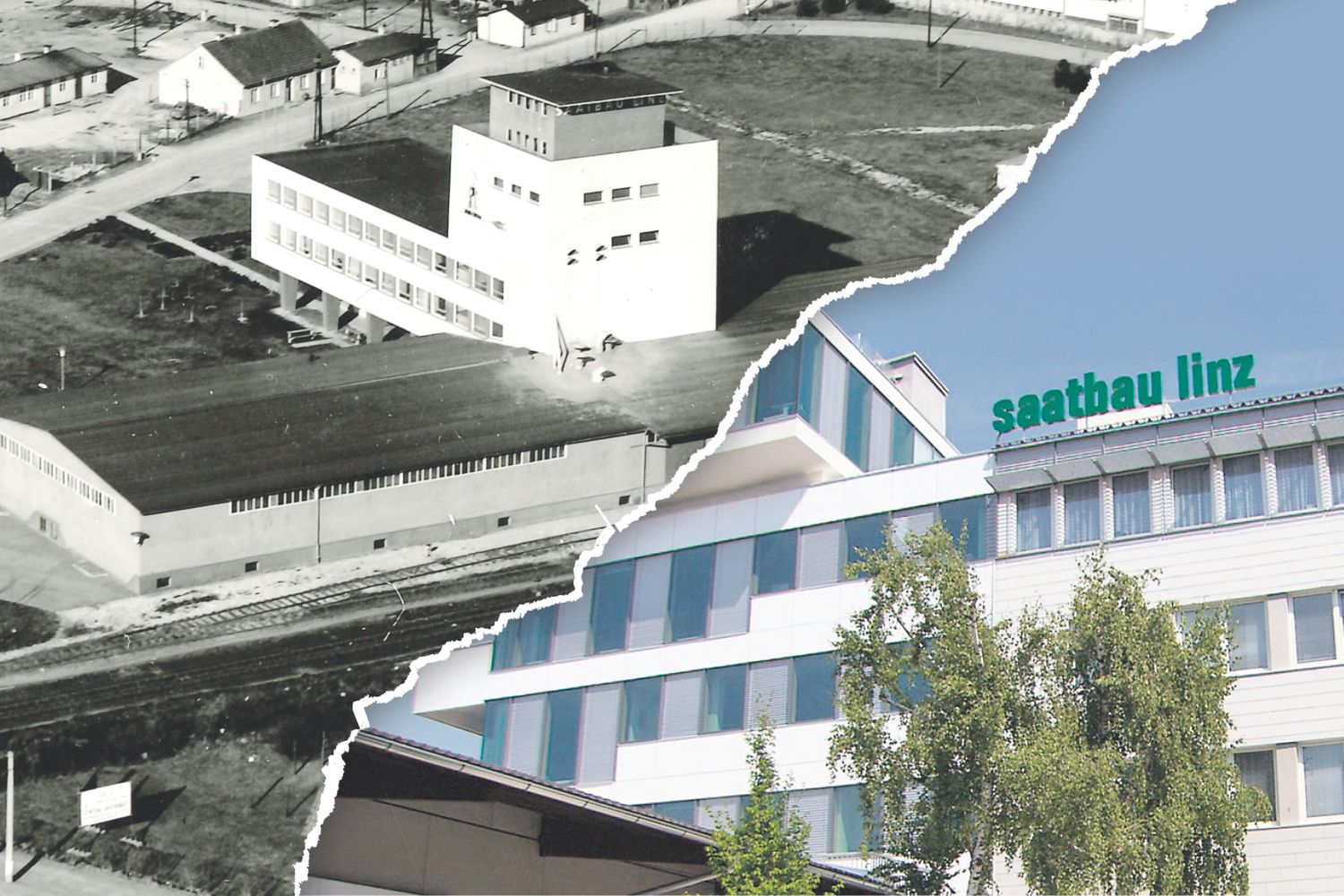 Die Konzernzentrale in Leonding nach Fertigstellung im Jahr 1961 und heute.