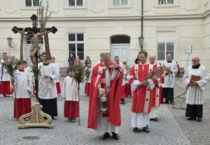 Priester und Ministranten in Rot und Weiß tragen Kruzifix und Zweige bei einer religiösen Prozession auf einem gepflasterten Platz.