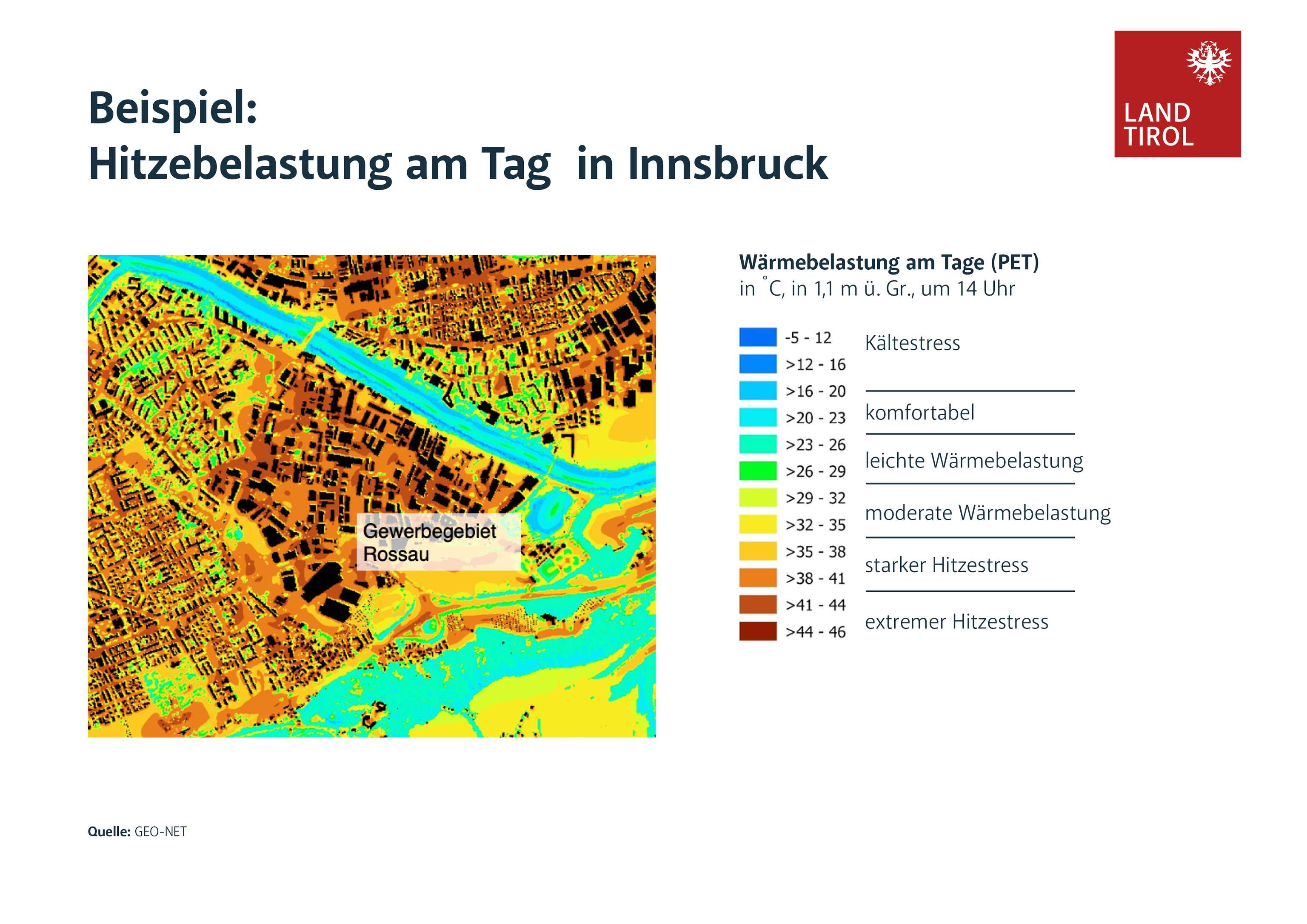 Heat stress map of Innsbruck showing temperature zones with a color gradient from blue to red, indicating varying heat levels.