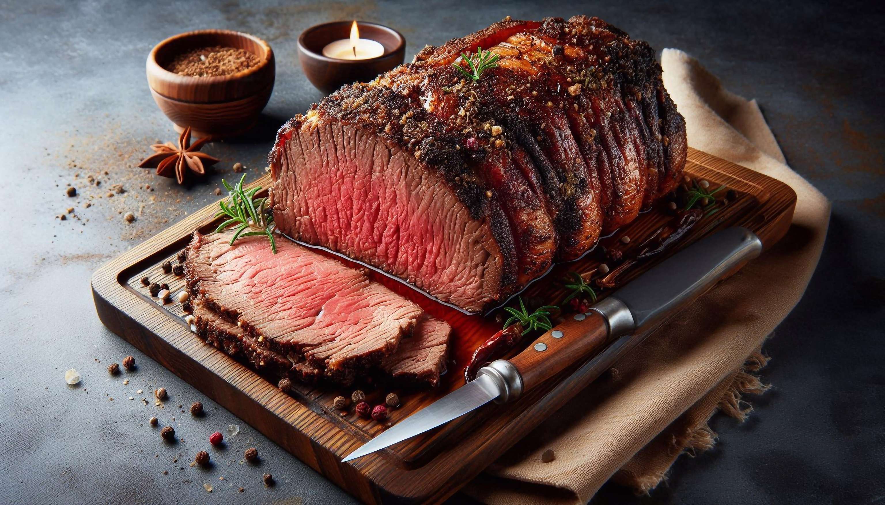 Ein gebratenes Stück Fleisch appetitlich aufgeschnitten.