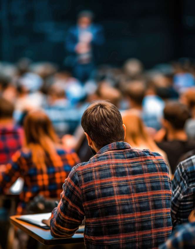 Student im karierten Hemd von hinten in einem vollen Hörsaal, im Hintergrund ein verschwommener Dozent am Podium.
