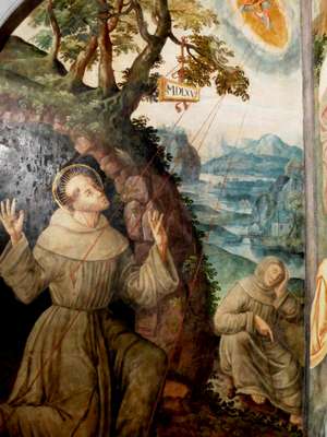 Religiöses Fresko von 1566 mit dem heiligen Franziskus beim Empfang der Stigmata, Heiligenschein, roter Lichtstrahlen, Landschaft im Hintergrund.
