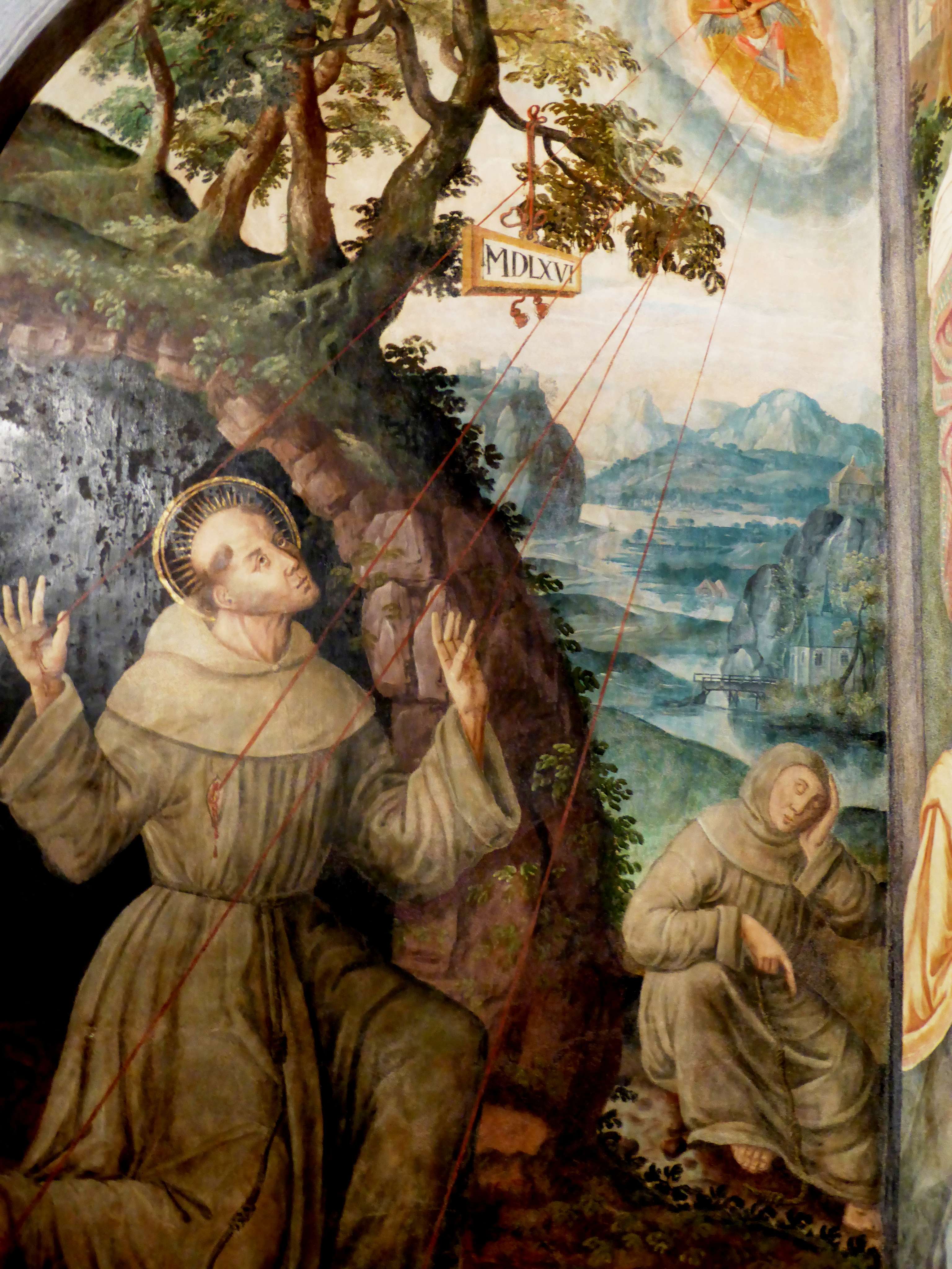 Religiöses Fresko von 1566 mit dem heiligen Franziskus beim Empfang der Stigmata, Heiligenschein, roter Lichtstrahlen, Landschaft im Hintergrund.