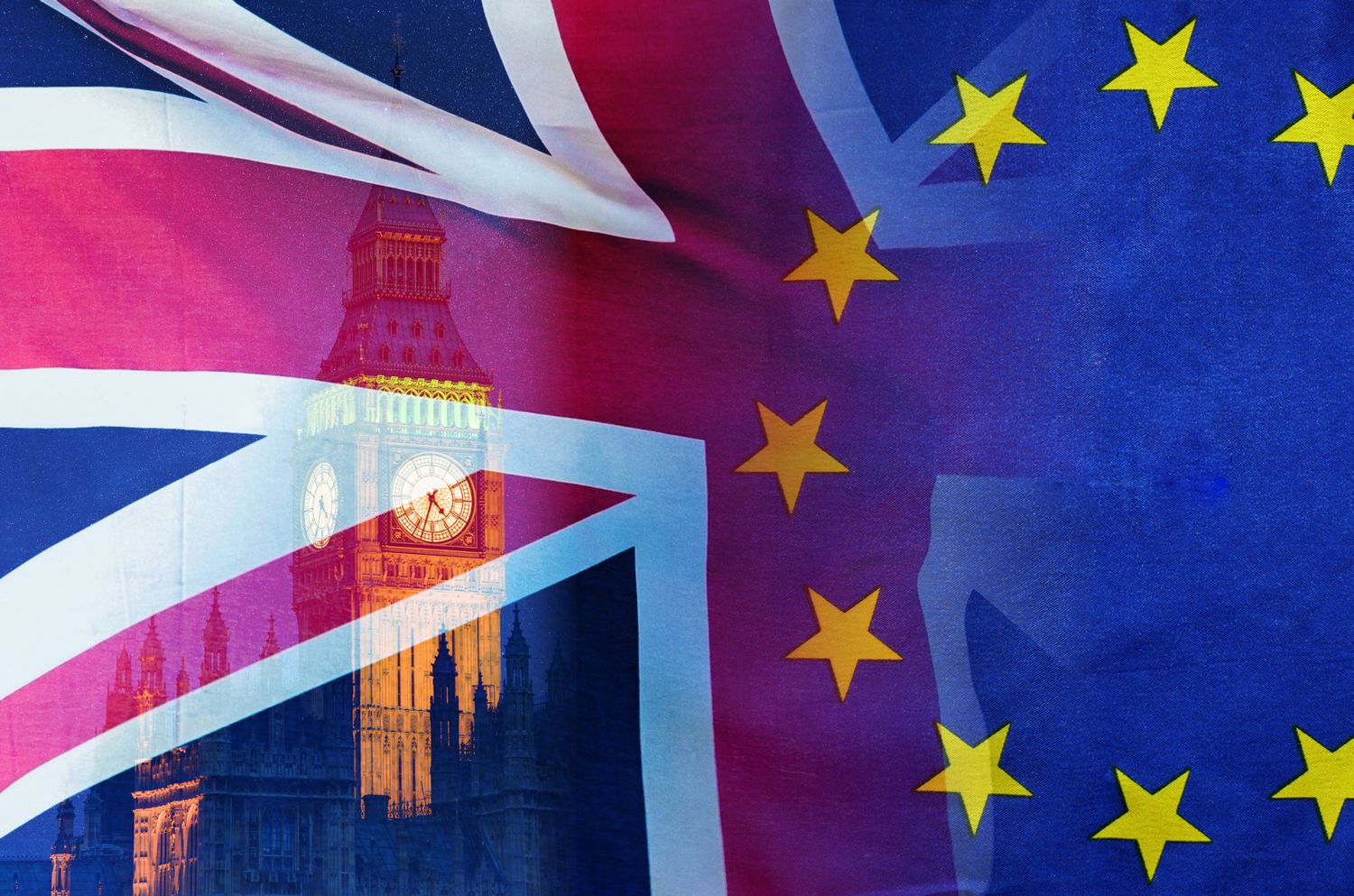 BREXIT Conceptual Image Of London Image And UK And EU Flags Overlaid Symbolising Agreement And Deal Being Processed