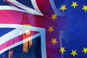 BREXIT Conceptual Image Of London Image And UK And EU Flags Overlaid Symbolising Agreement And Deal Being Processed