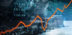 A glowing orange line graph rises over a digital world map and stacks of coins, symbolizing global financial growth.