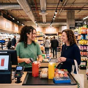 Lächelnde Kassiererin scannt Waren an der Supermarktkasse, während eine Kundin mit Einkaufstasche freundlich lacht.