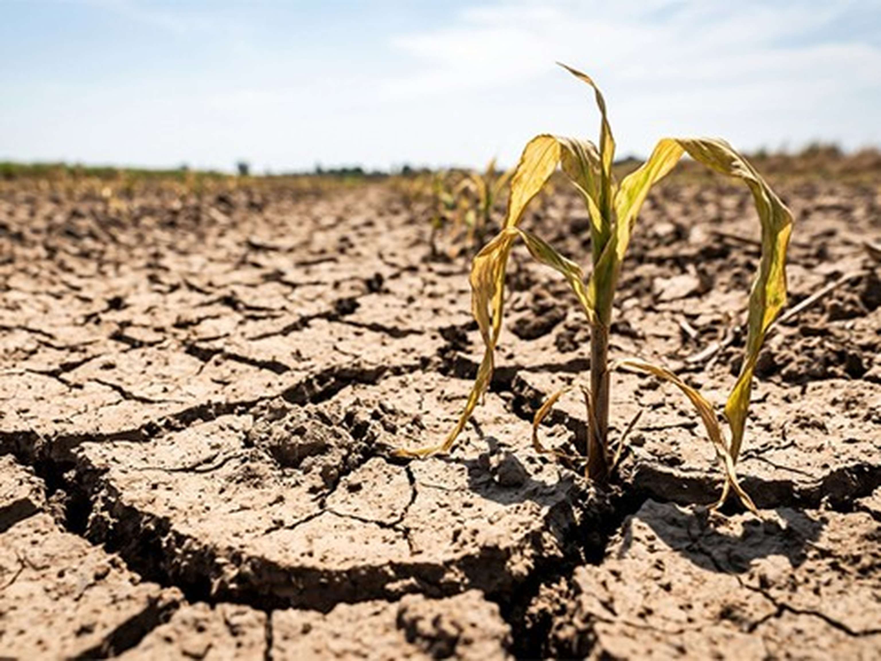 Junger Maispflänzling wächst auf ausgetrockneter, rissiger Erde unter blauem Himmel – Symbol für Dürre und Klimawandel.