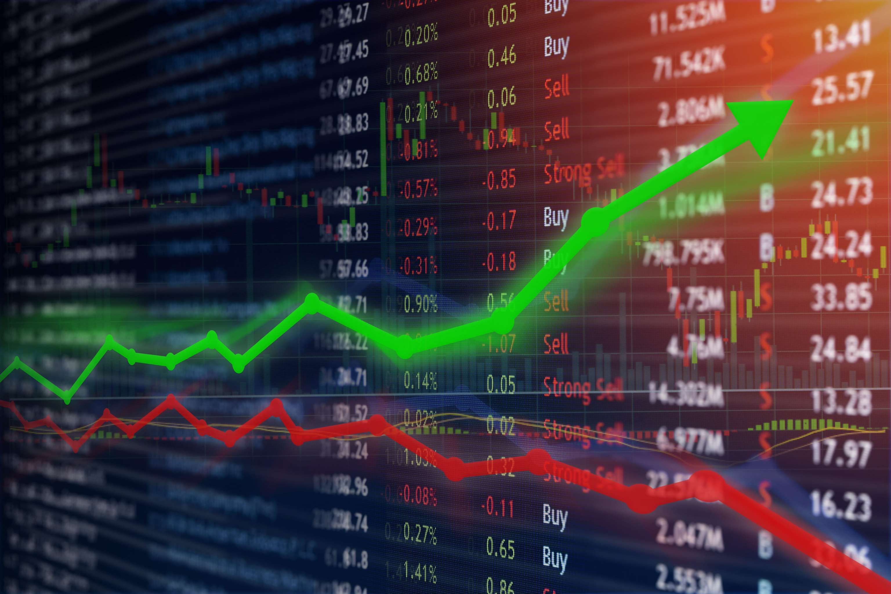Investing And Stock Market Concept Gain And Profits With Faded Candlestick Charts.