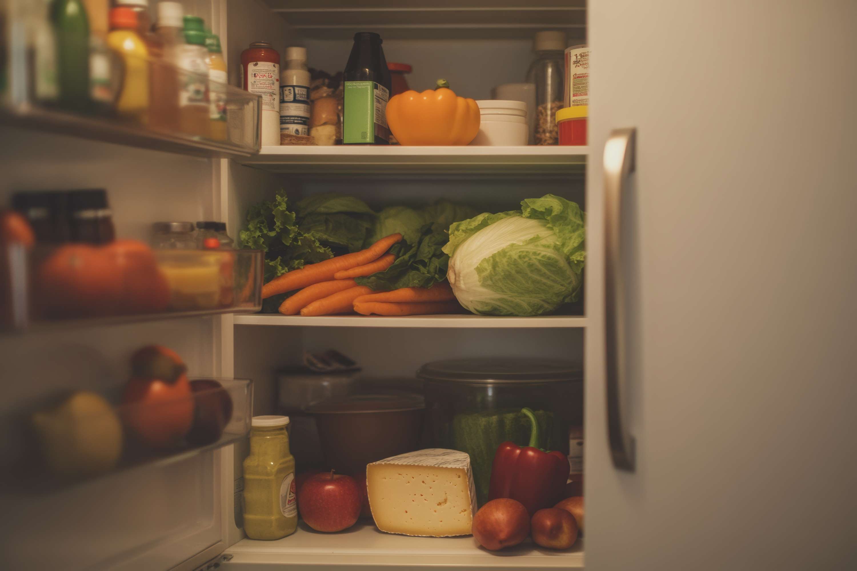Geöffneter Kühlschrank mit frischem Gemüse wie Karotten, Salat, Paprika, Käse, Äpfeln und verschiedenen Saucen auf mehreren Regalen.