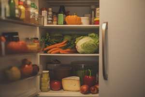 Geöffneter Kühlschrank mit frischem Gemüse wie Karotten, Salat, Paprika, Käse, Äpfeln und verschiedenen Saucen auf mehreren Regalen.