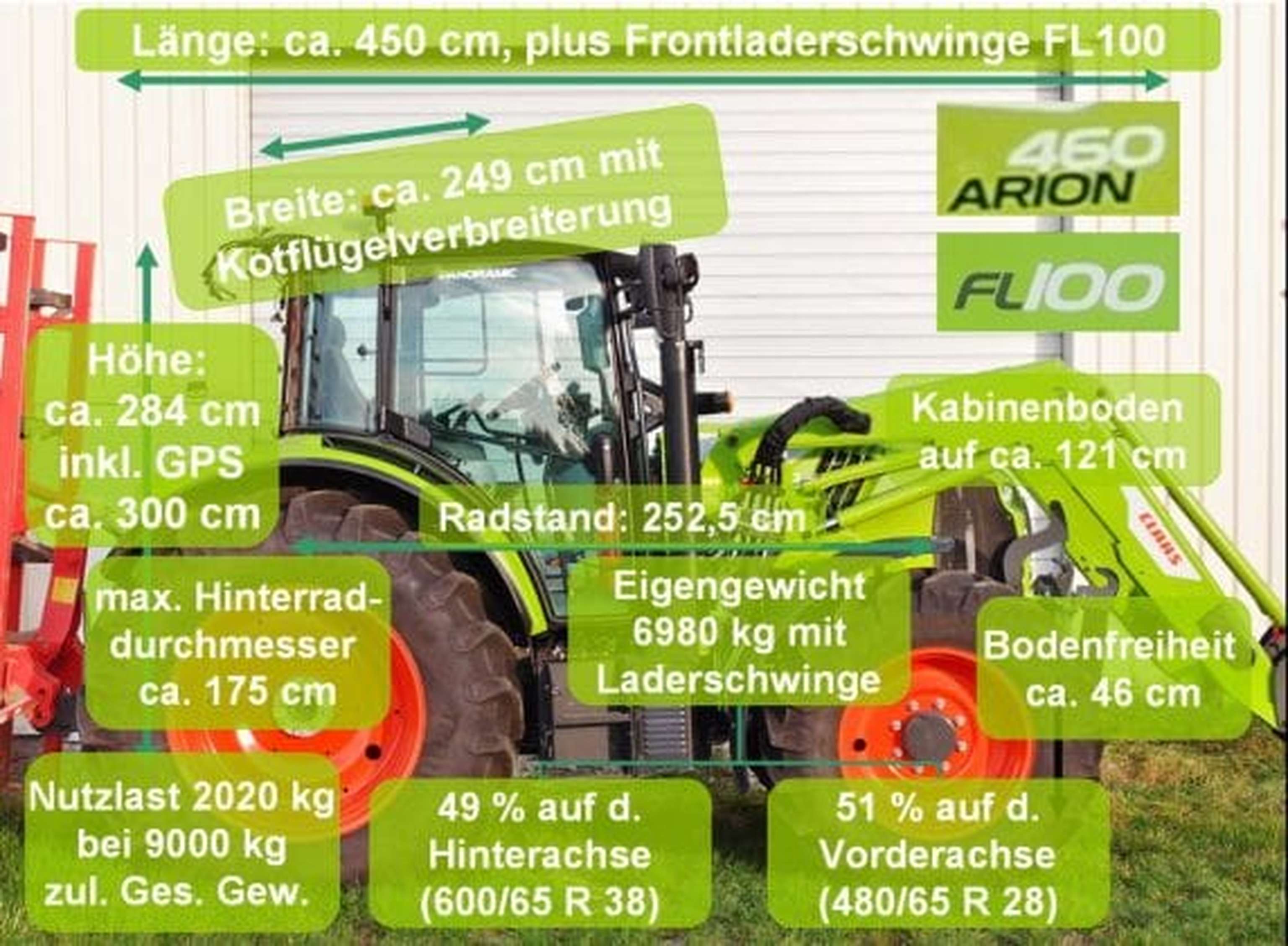 Abmessungen und Gewicht des Claas Arion 460 mit Laderschwinge