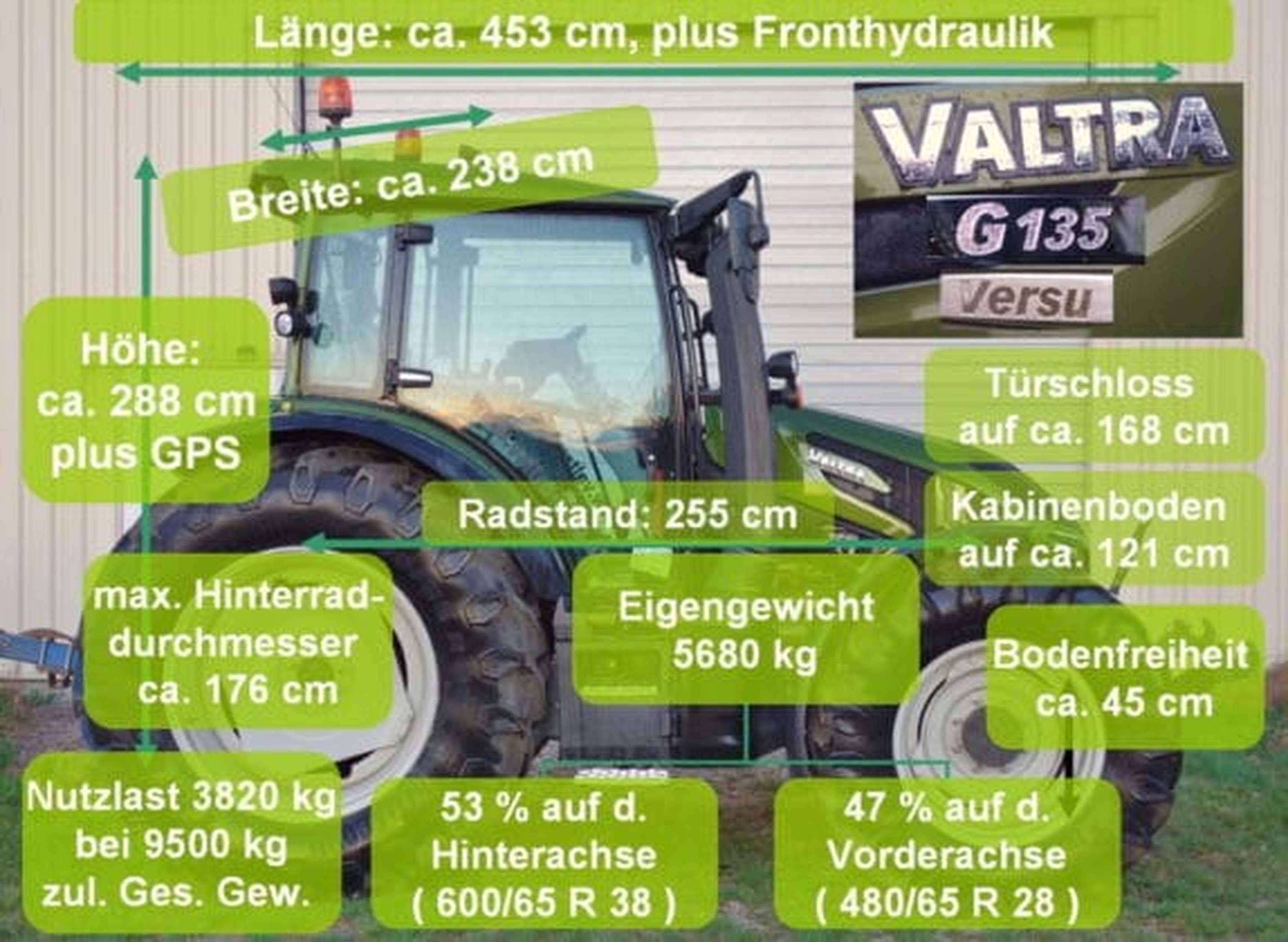 Gewichte und Abmessungen des Valtra G135 Versu