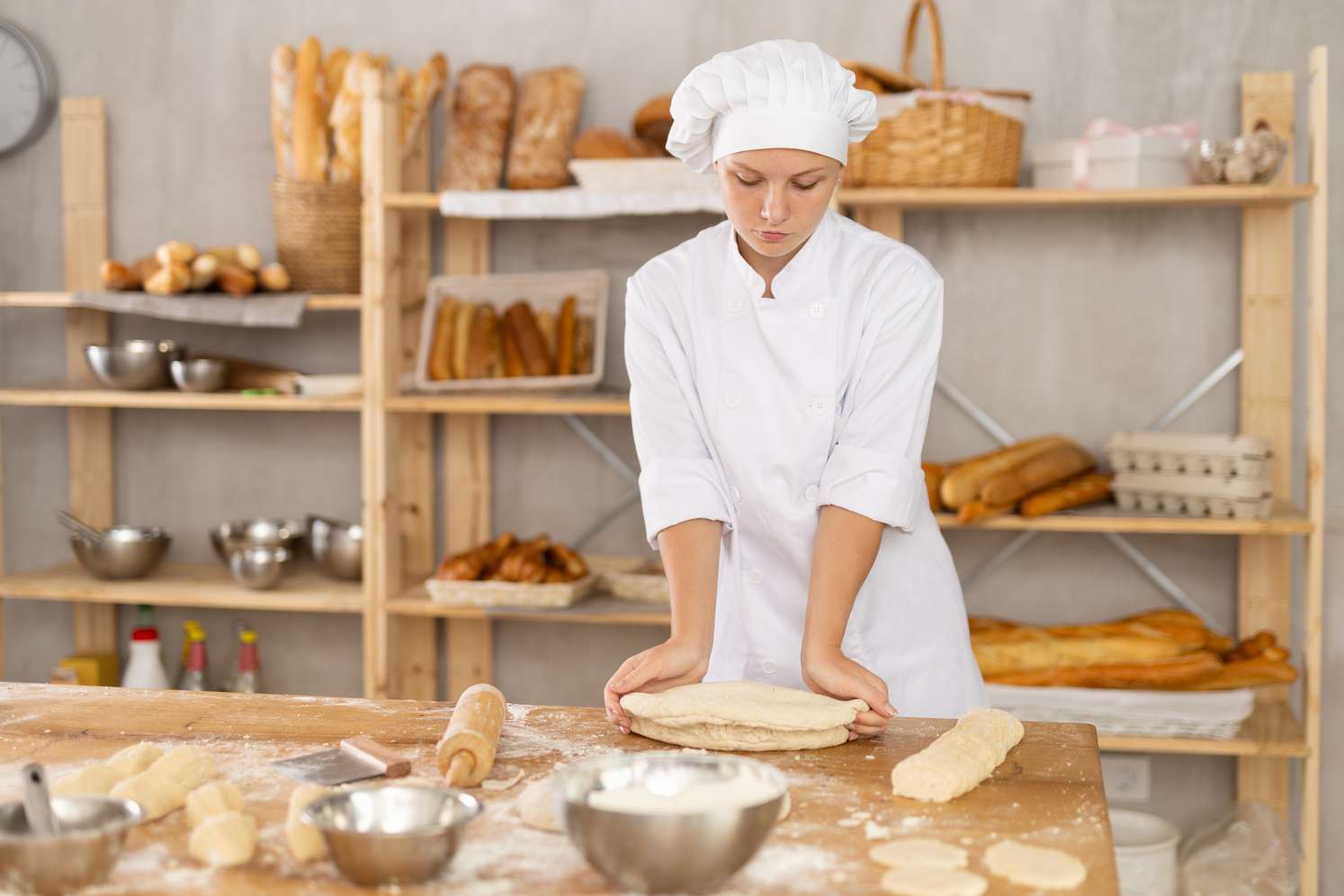 Junge Bäckerin in weißer Uniform knetet Teig auf einem bemehlten Holztisch in einer Bäckerei mit Brotregalen im Hintergrund.