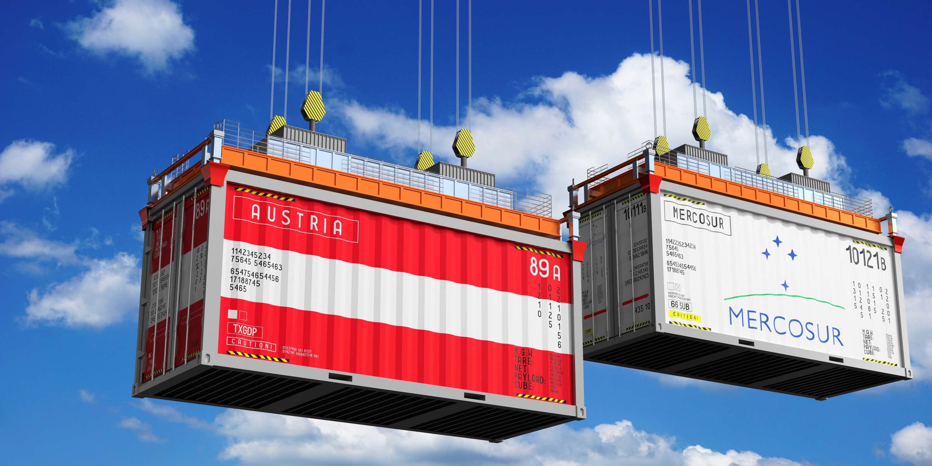 Zwei Container in der Luft symbolisch Österreich und Mercosur
