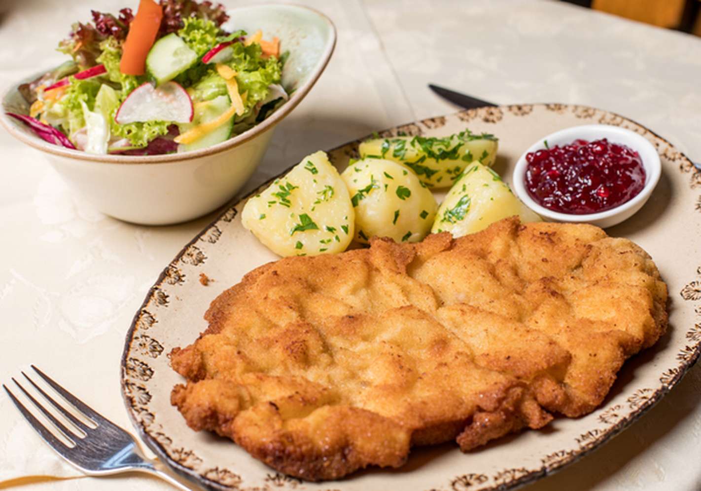 Knuspriges Wiener Schnitzel mit Petersilienkartoffeln und Preiselbeeren auf einem Teller, dazu ein frischer gemischter Salat in einer Schüssel.