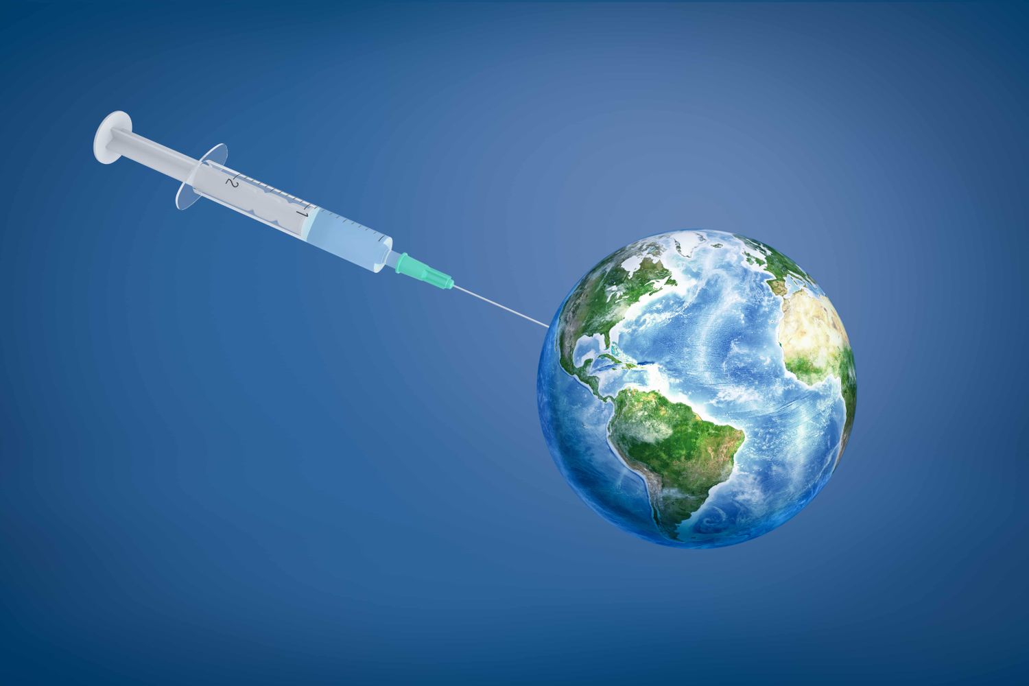 3d Rendering Of A Huge Syringe Giving An Injection To Planet Earth On A Blue Background.