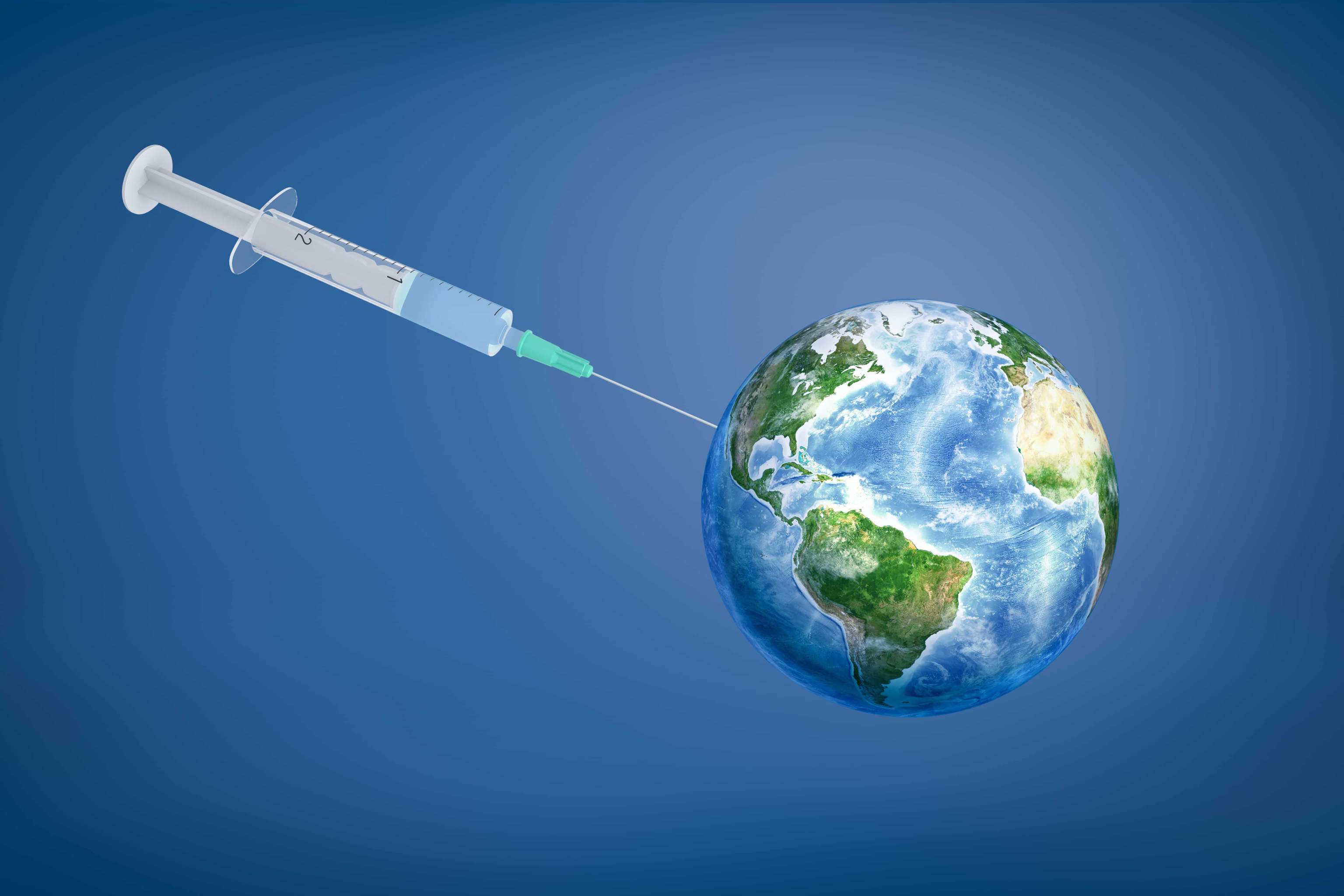 3d Rendering Of A Huge Syringe Giving An Injection To Planet Earth On A Blue Background.