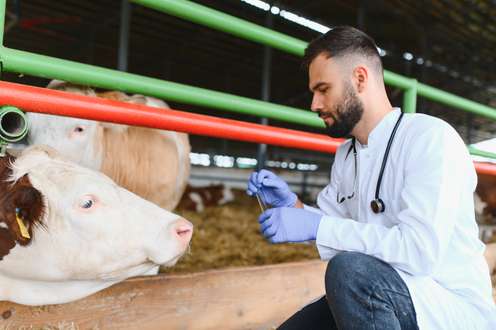 Ein Tierarzt setzt zur Probennahme bei einer Kalbin an