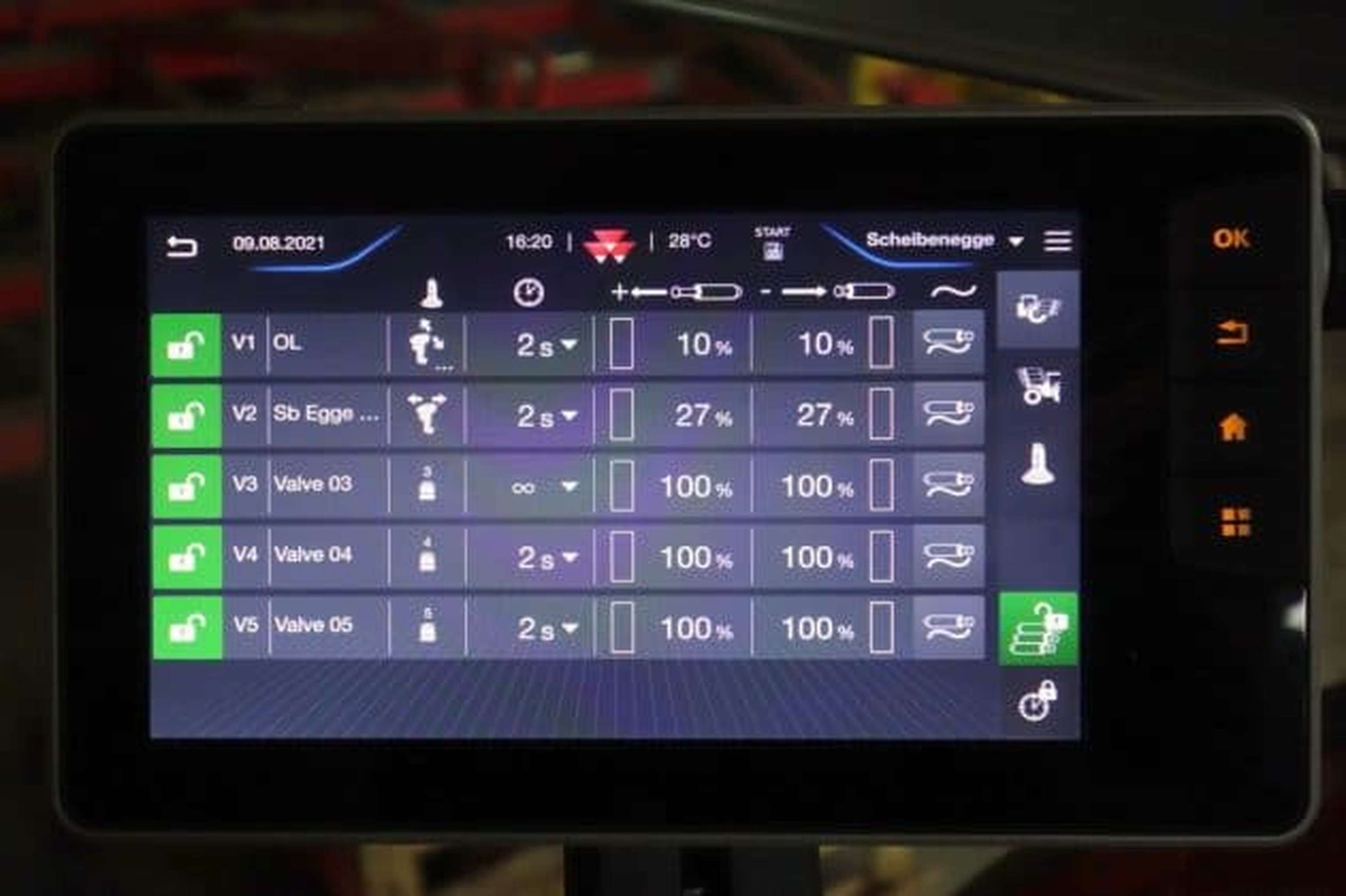 Seitendisplay-Einstellungen der Zusatzsteuerventile